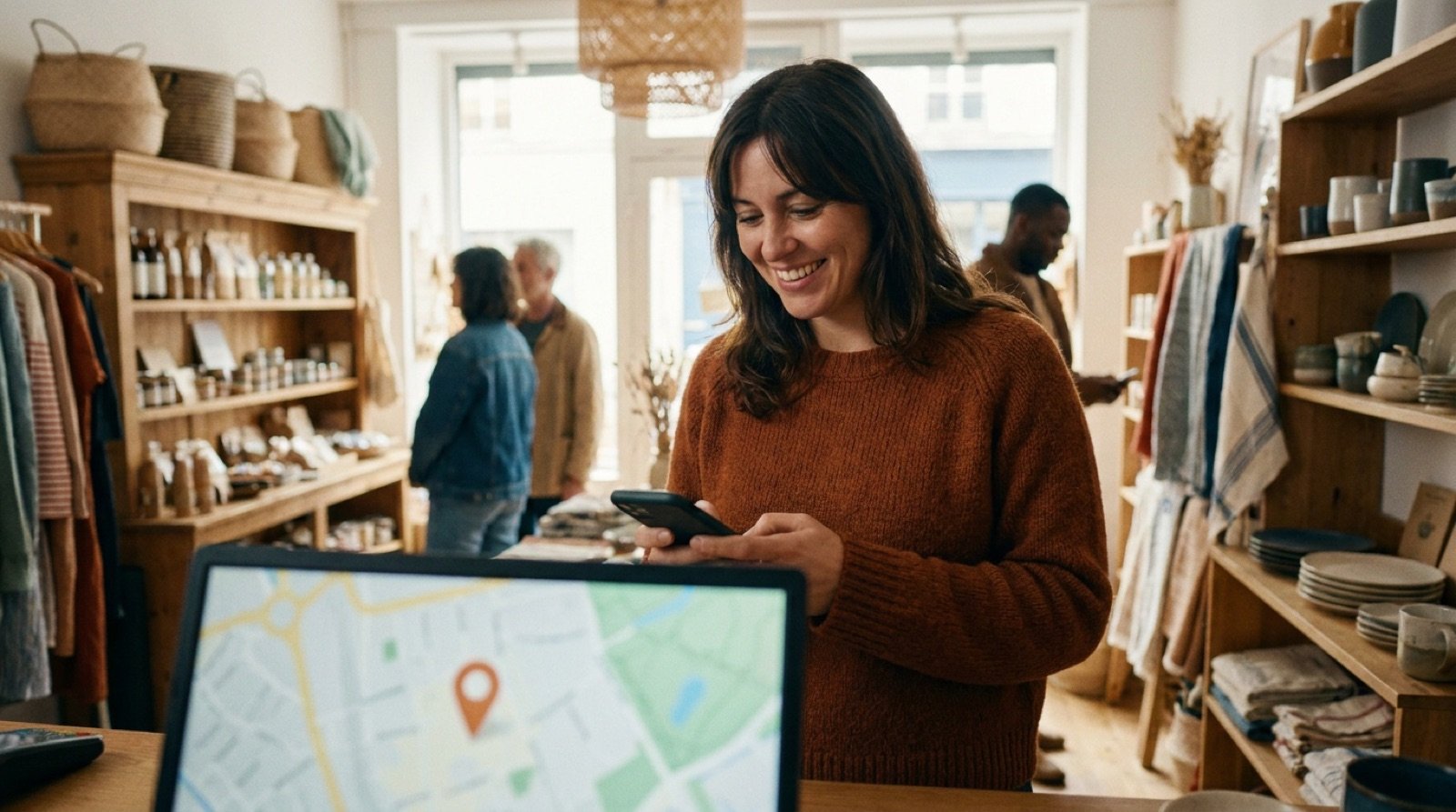 Commerçante indépendante consultant sa visibilité en ligne sur smartphone dans sa boutique