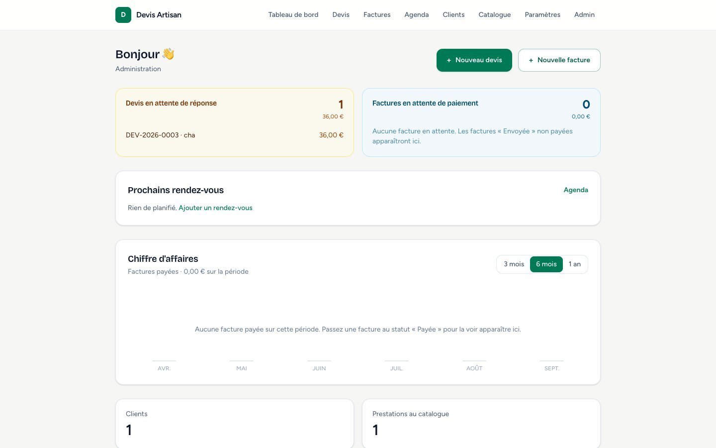 Application devis : tableau de bord