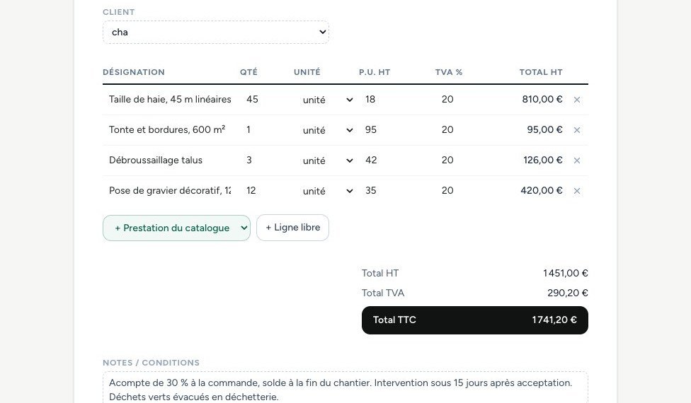 Application devis : éditeur de devis avec lignes et totaux