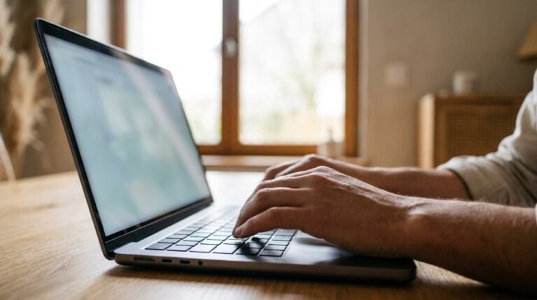 Mains sur un clavier d ordinateur portable dans un bureau lumineux