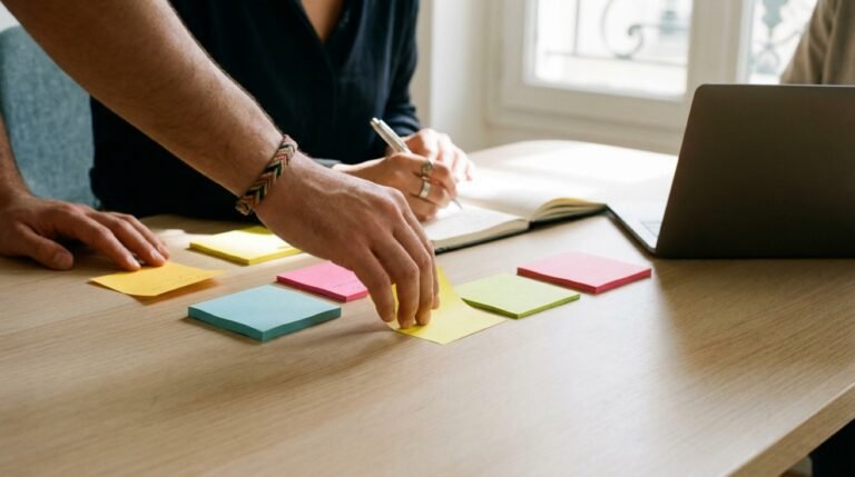 Organisation de notes colorées sur un bureau, ordinateur portable en arrière-plan